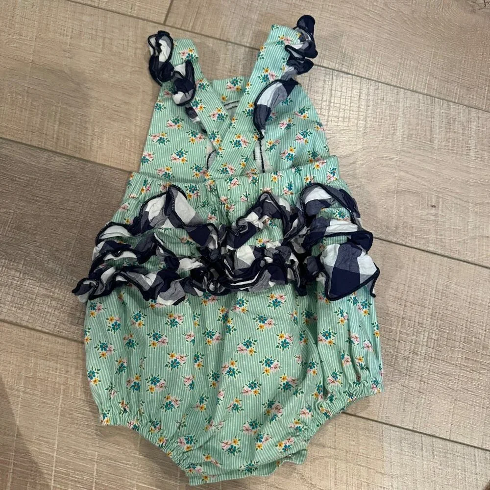 RICRAC & RUFFLES GIRLS GREEN AND BLUE BUBBLE ROMPER 18M MONOGRAMMED B